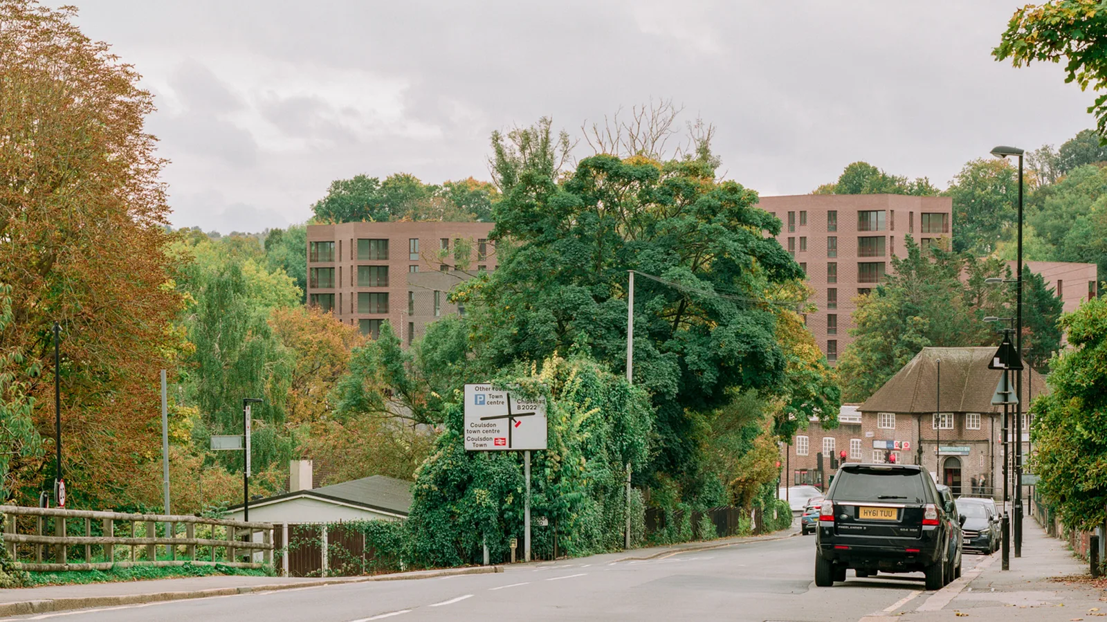 Lion Green Road 住宅楼群掩映在街道树木之后